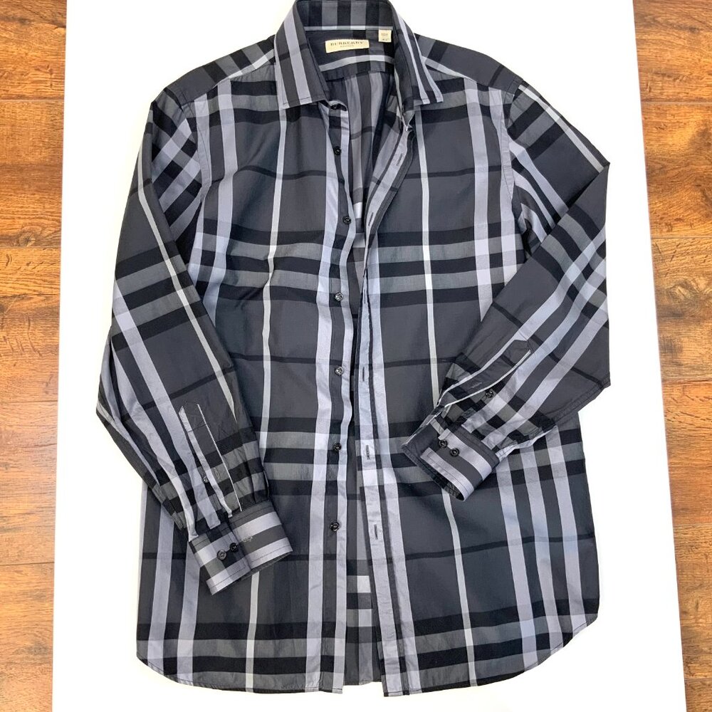 Burberry London Charcoal Gray Check Cotton Button Down Shirt Sz 16/34-35 - Picture 16 of 16